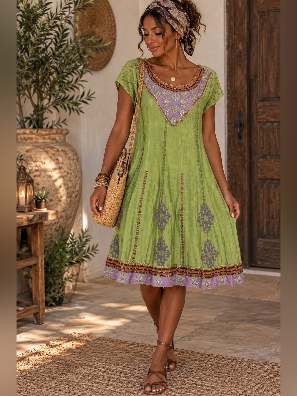 Boho Made in India Embroidered Green Purple Dress